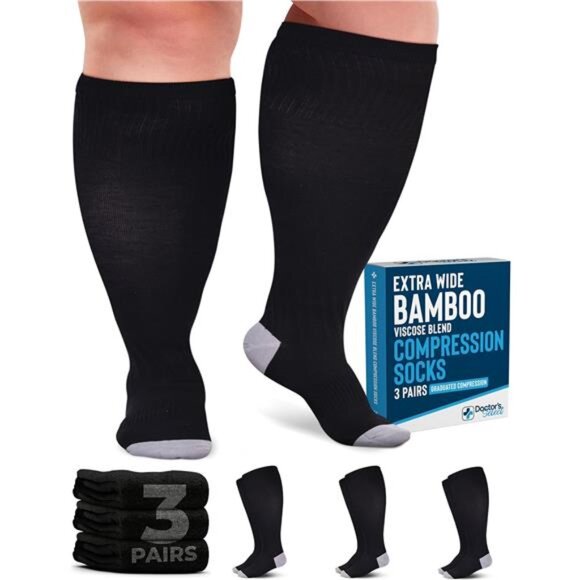 3 Pairs Plus Size Compression Socks Wide Calf | Bamboo Viscose Knee High Socks - Picture 1 of 7